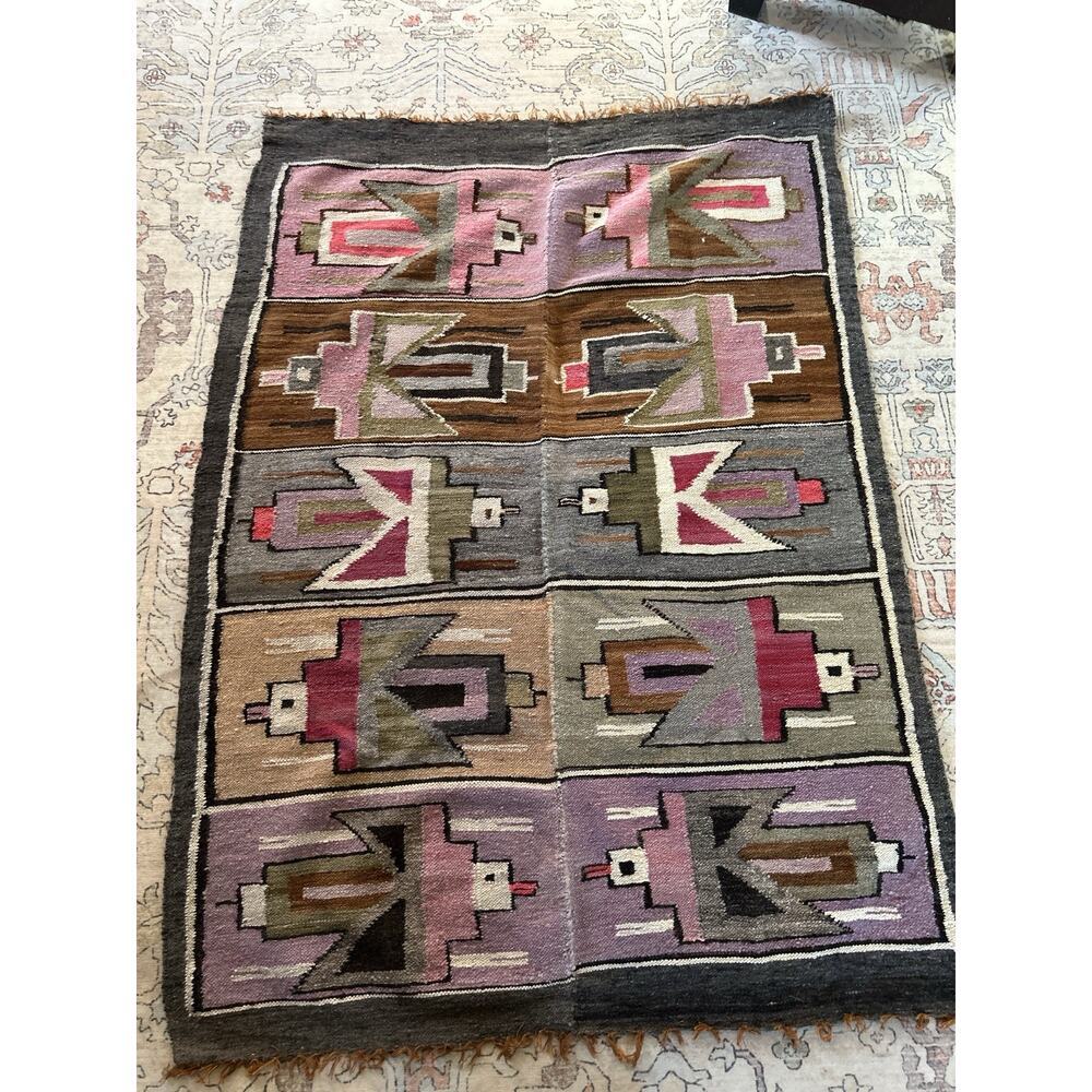 Vintage Handmade Wool Southwest Design 5 Foot Rug Navajo Or Peruvian
